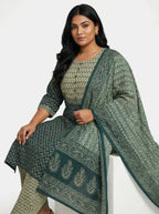 Plus Size Green Cotton Printed Kurta Pant Set with Dupatta-200093