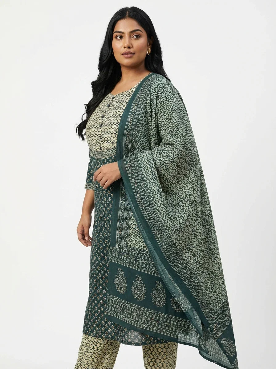 Plus Size Green Cotton Printed Kurta Pant Set with Dupatta-200093