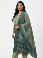 Plus Size Green Cotton Printed Kurta Pant Set with Dupatta-200093