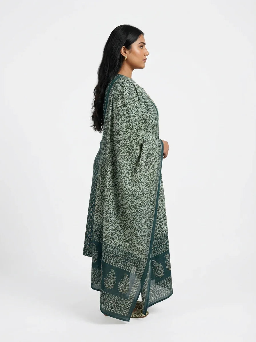 Plus Size Green Cotton Printed Kurta Pant Set with Dupatta-200093