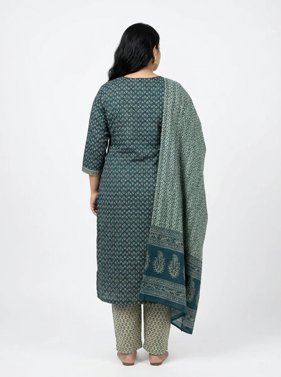 Plus Size Green Cotton Printed Kurta Pant Set with Dupatta-200093