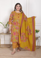 Plus Size Mustard Cotton Printed Kurta Pant Set with Dupatta-200094