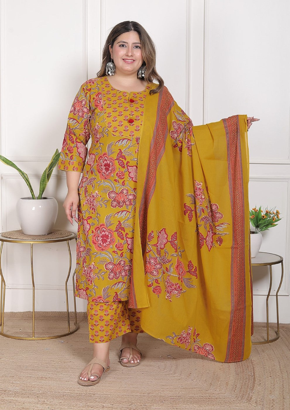 Plus Size Mustard Cotton Printed Kurta Pant Set with Dupatta-200094 Secondary image