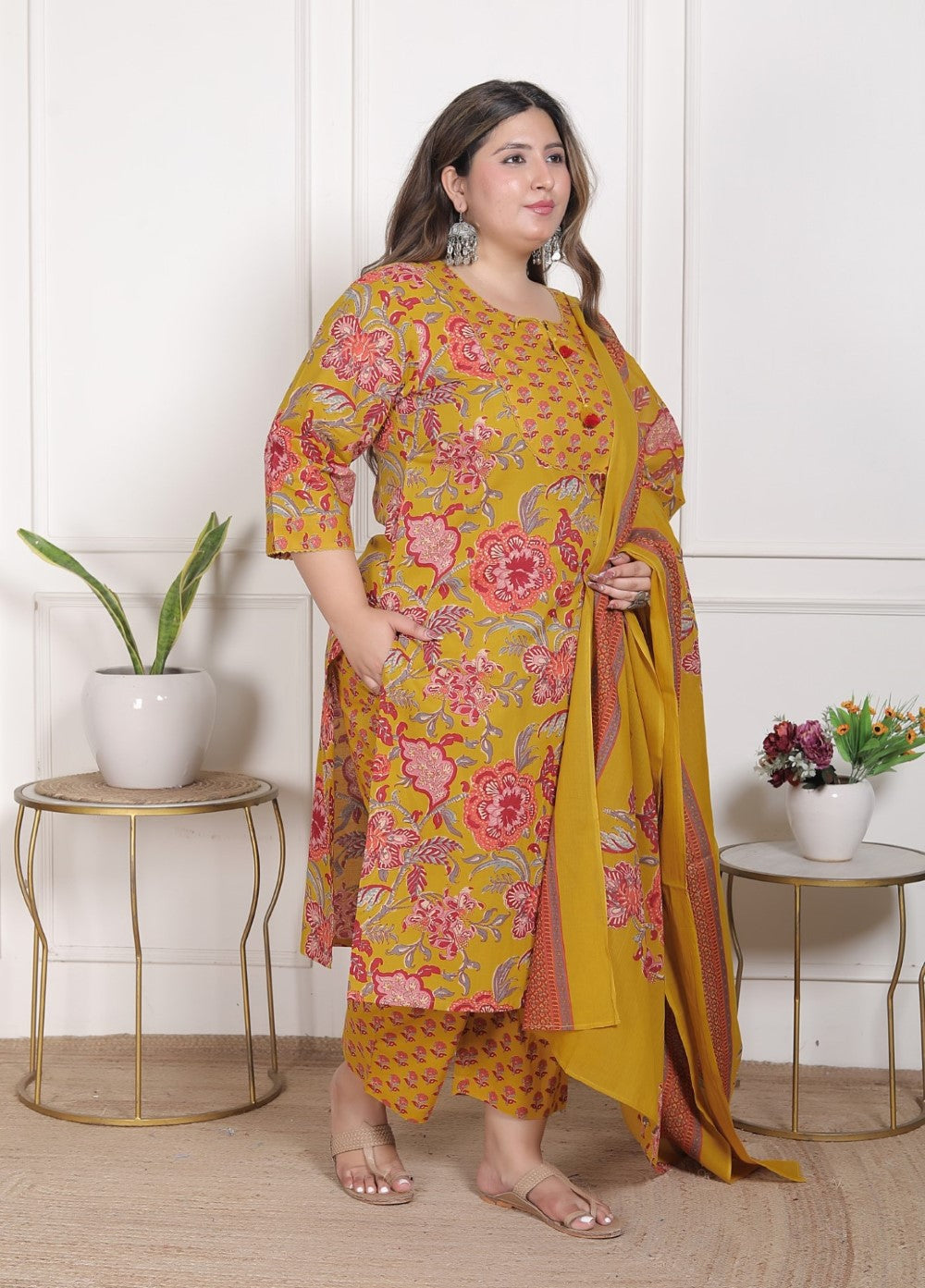 Plus Size Mustard Cotton Printed Kurta Pant Set with Dupatta-200094