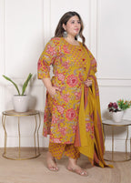Plus Size Mustard Cotton Printed Kurta Pant Set with Dupatta-200094