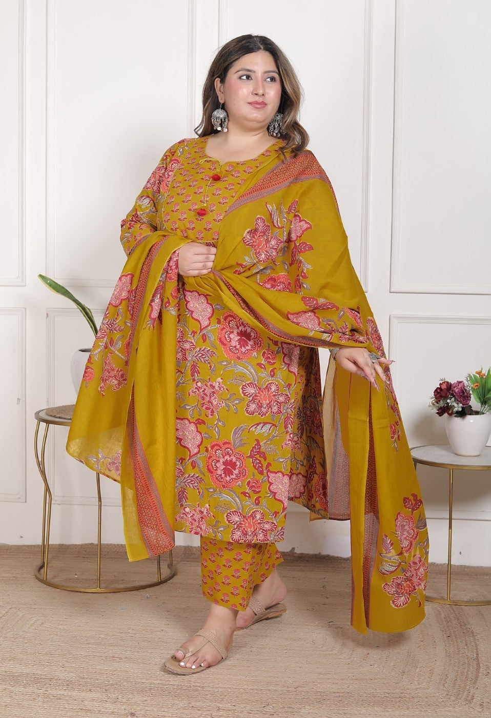 Plus Size Mustard Cotton Printed Kurta Pant Set with Dupatta-200094