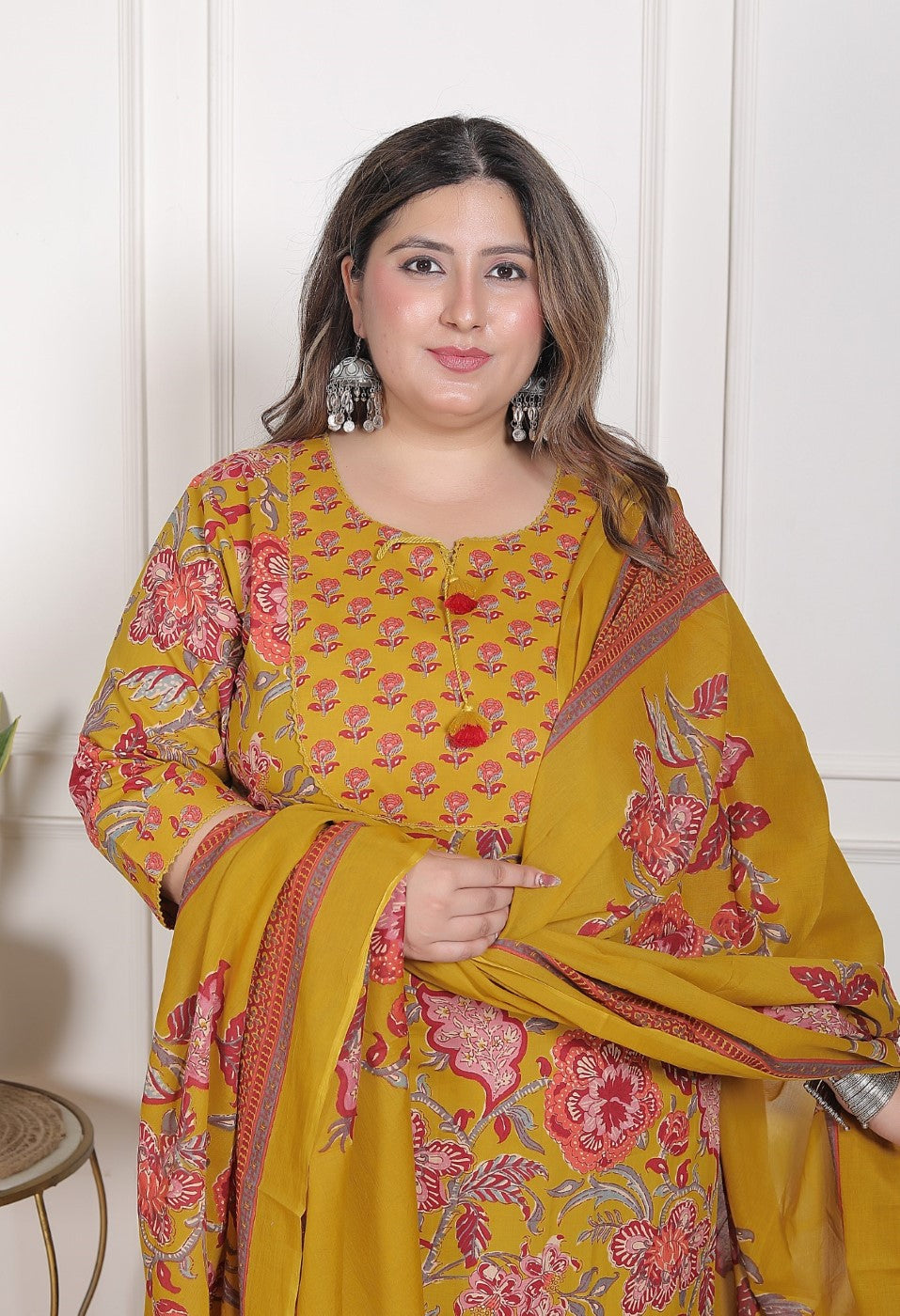 Plus Size Mustard Cotton Printed Kurta Pant Set with Dupatta-200094