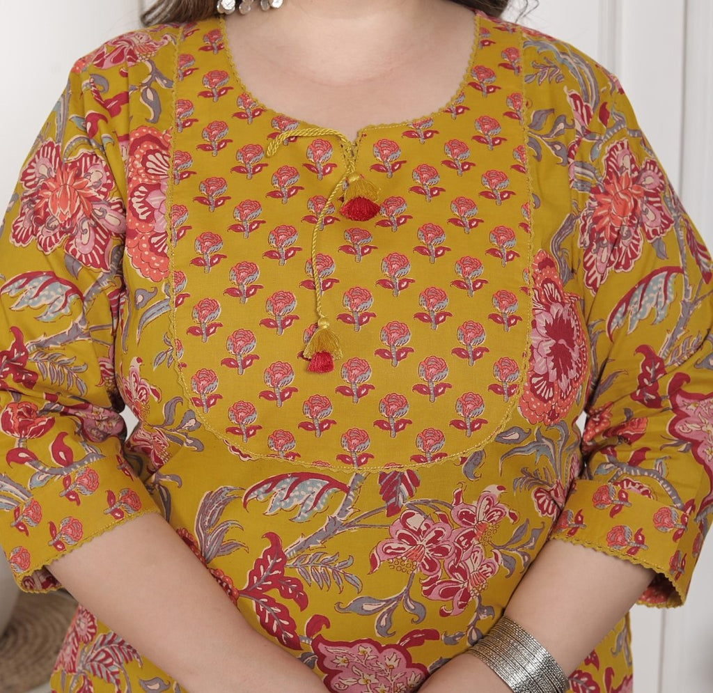Plus Size Mustard Cotton Printed Kurta Pant Set with Dupatta-200094