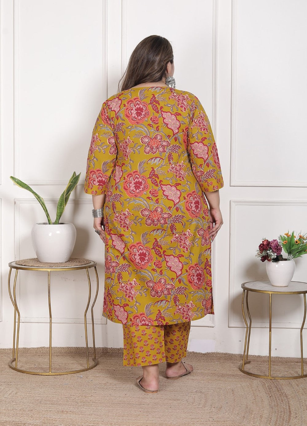 Plus Size Mustard Cotton Printed Kurta Pant Set with Dupatta-200094