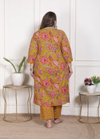 Plus Size Mustard Cotton Printed Kurta Pant Set with Dupatta-200094