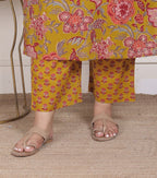 Plus Size Mustard Cotton Printed Kurta Pant Set with Dupatta-200094