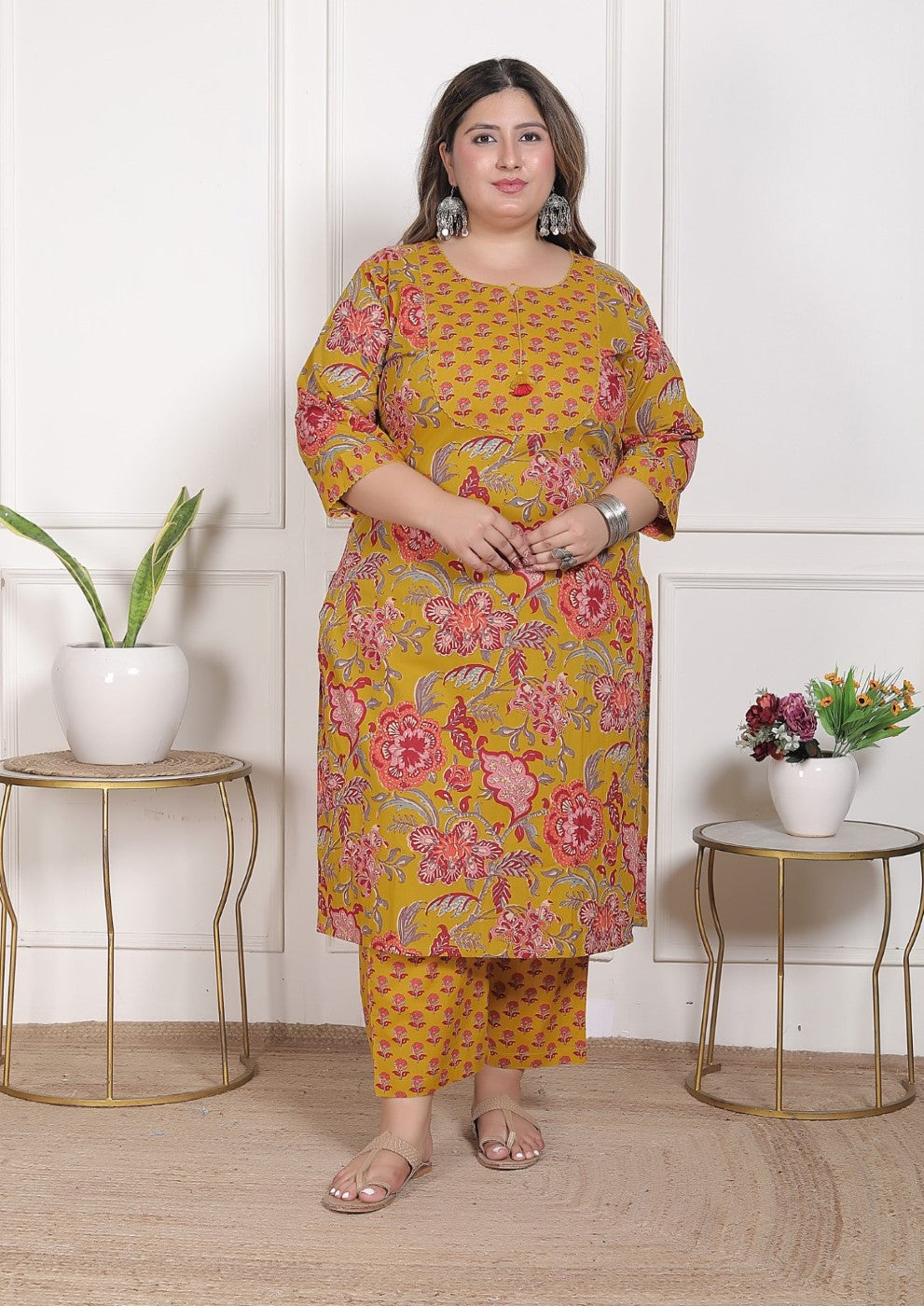Plus Size Mustard Cotton Printed Kurta Pant Set with Dupatta-200094