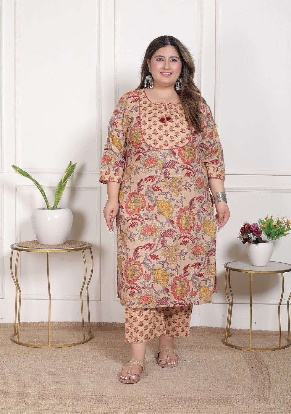 Plus Size Beige Cotton Printed Kurta Pant Set with Dupatta-200095 Secondary image