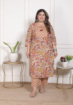 Plus Size Beige Cotton Printed Kurta Pant Set with Dupatta-200095