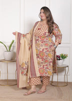 Plus Size Beige Cotton Printed Kurta Pant Set with Dupatta-200095