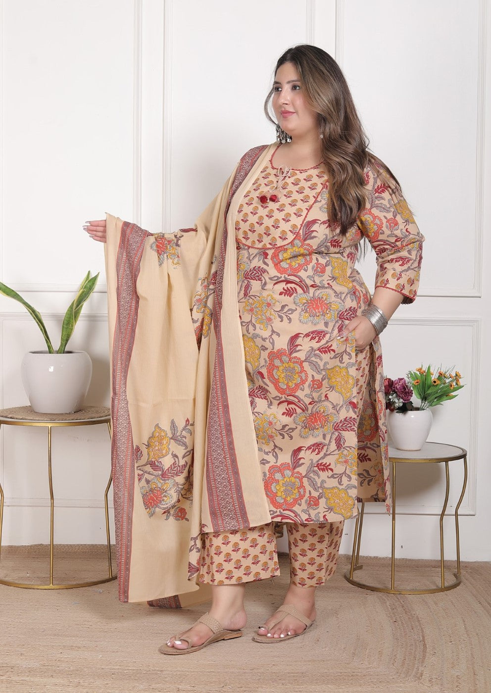Plus Size Beige Cotton Printed Kurta Pant Set with Dupatta-200095