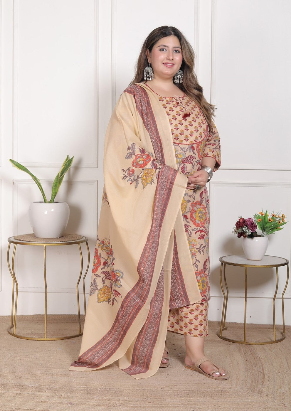 Plus Size Beige Cotton Printed Kurta Pant Set with Dupatta-200095