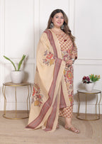 Plus Size Beige Cotton Printed Kurta Pant Set with Dupatta-200095
