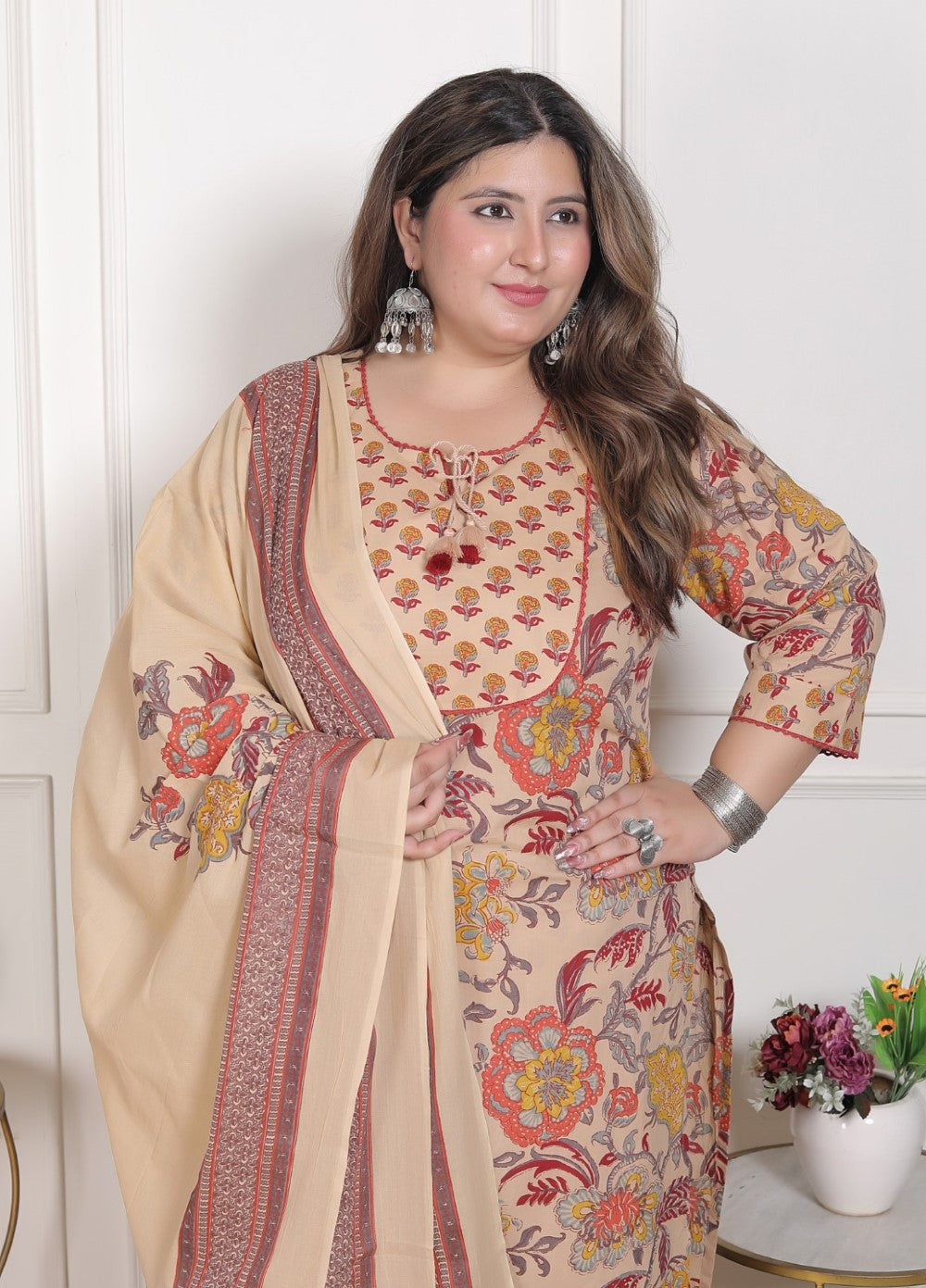 Plus Size Beige Cotton Printed Kurta Pant Set with Dupatta-200095