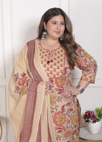 Plus Size Beige Cotton Printed Kurta Pant Set with Dupatta-200095
