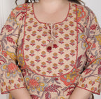 Plus Size Beige Cotton Printed Kurta Pant Set with Dupatta-200095