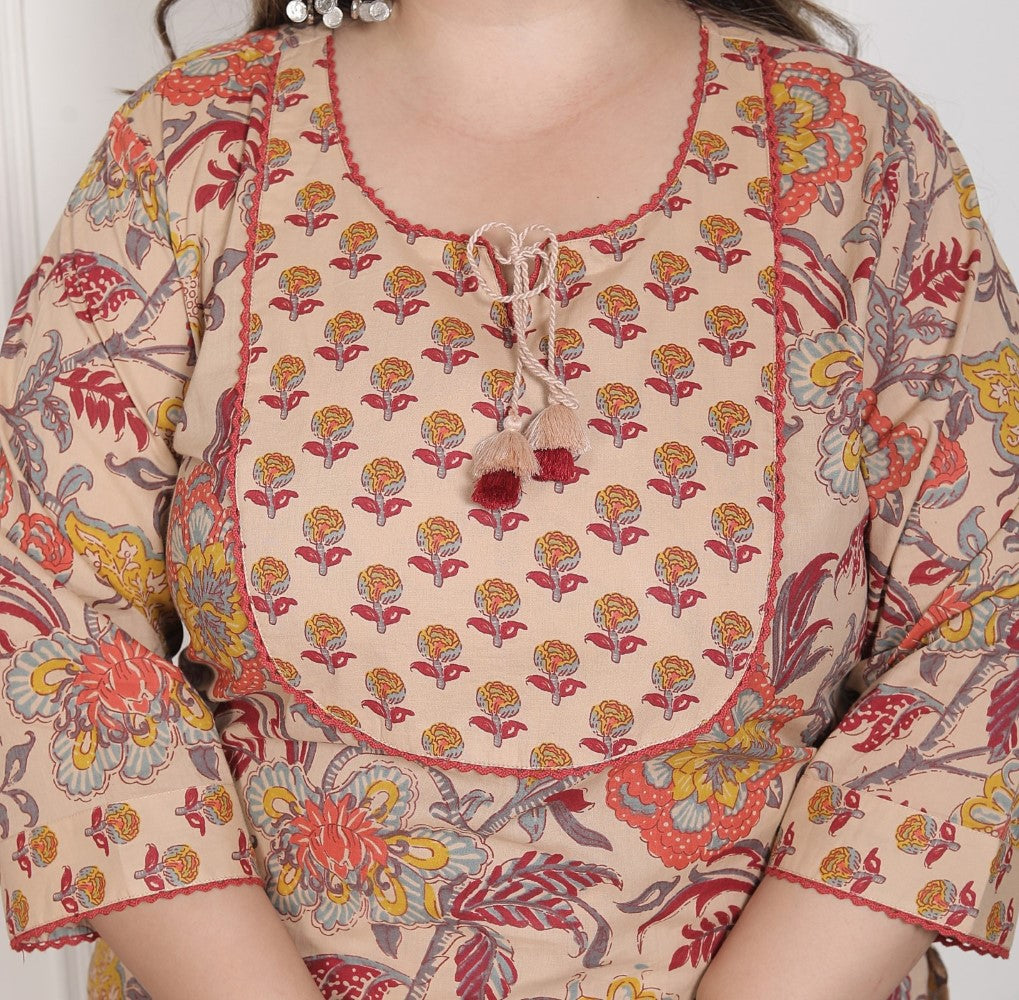 Plus Size Beige Cotton Printed Kurta Pant Set with Dupatta-200095