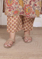 Plus Size Beige Cotton Printed Kurta Pant Set with Dupatta-200095