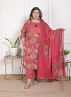 Plus Size Onion Cotton Printed Kurta Pant Set with Dupatta-200096