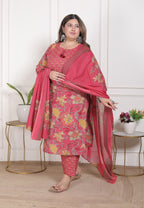 Plus Size Onion Cotton Printed Kurta Pant Set with Dupatta-200096