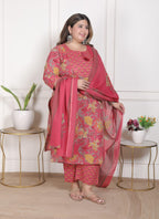 Plus Size Onion Cotton Printed Kurta Pant Set with Dupatta-200096