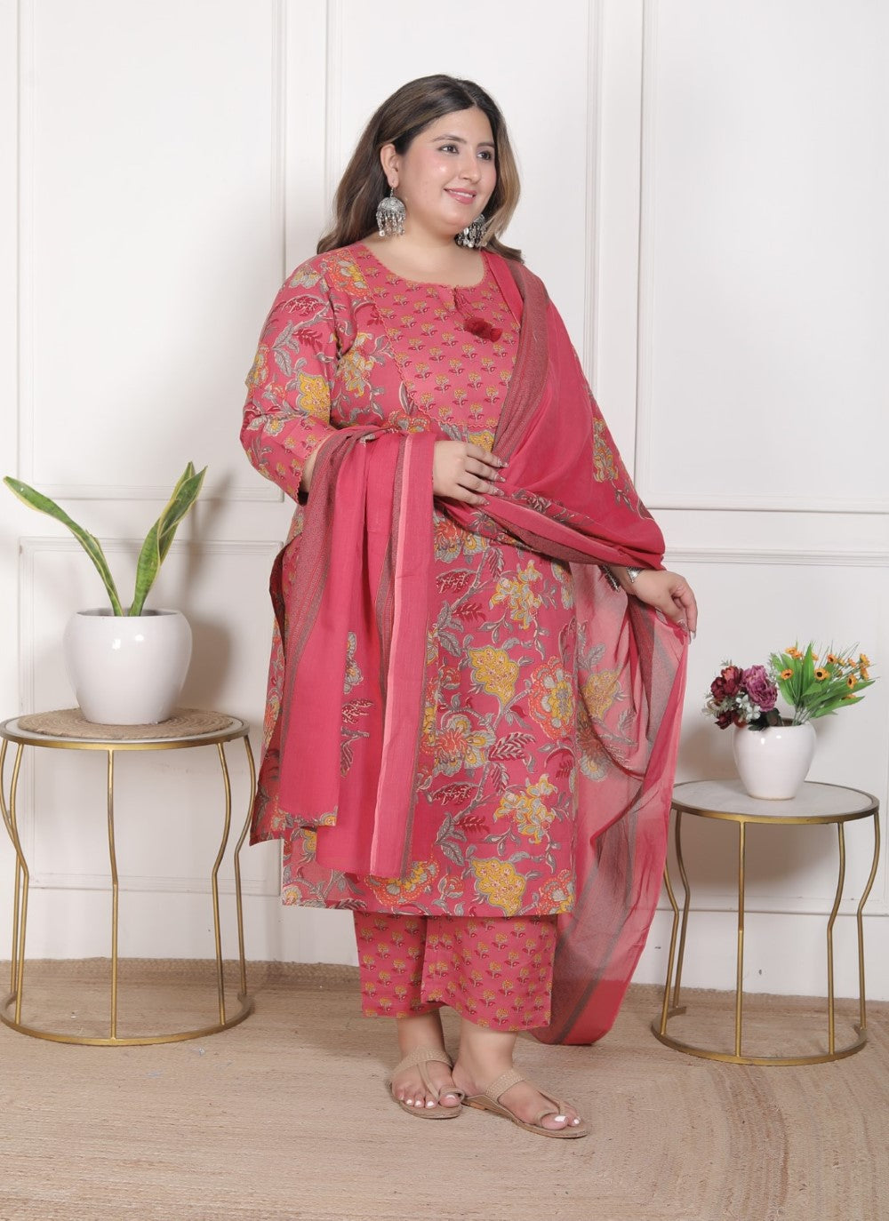 Plus Size Onion Cotton Printed Kurta Pant Set with Dupatta-200096