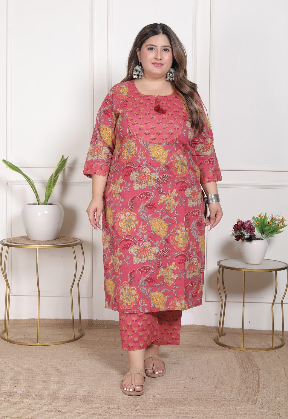 Plus Size Onion Cotton Printed Kurta Pant Set with Dupatta-200096