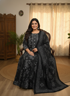 Plus Size Black Cotton Printed Kurta Pant Set with Dupatta-200098