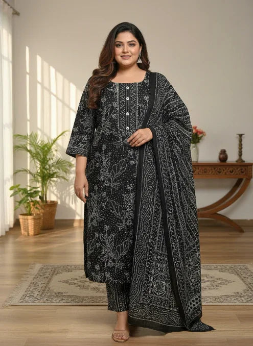 Plus Size Black Cotton Printed Kurta Pant Set with Dupatta-200098