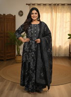 Plus Size Black Cotton Printed Kurta Pant Set with Dupatta-200098