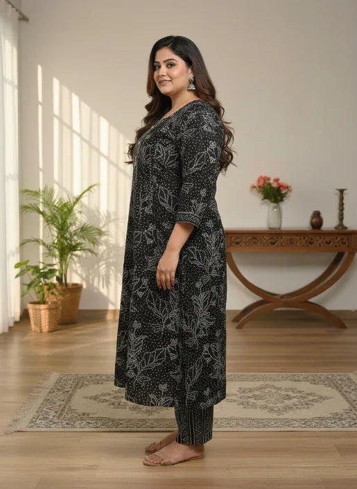Plus Size Black Cotton Printed Kurta Pant Set with Dupatta-200098
