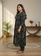 Plus Size Black Cotton Printed Kurta Pant Set with Dupatta-200098