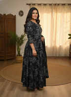 Plus Size Black Cotton Printed Kurta Pant Set with Dupatta-200098