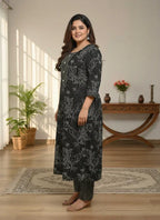 Plus Size Black Cotton Printed Kurta Pant Set with Dupatta-200098