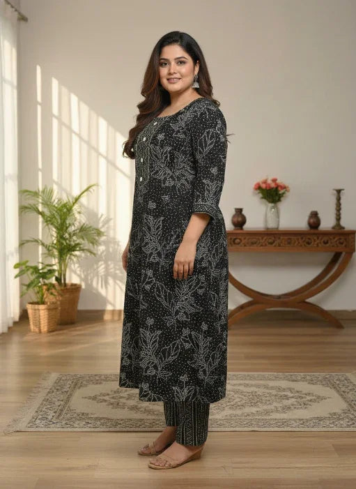 Plus Size Black Cotton Printed Kurta Pant Set with Dupatta-200098