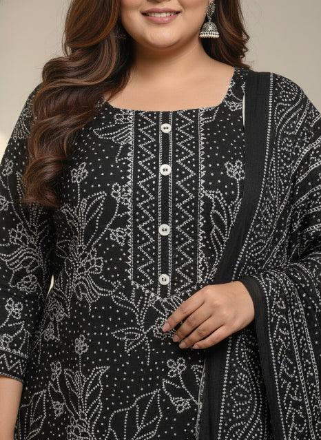 Plus Size Black Cotton Printed Kurta Pant Set with Dupatta-200098