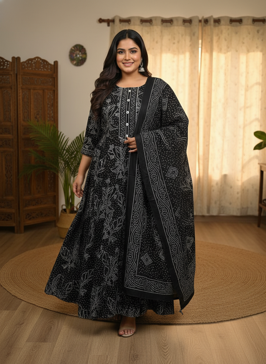 Plus Size Black Cotton Printed Kurta Pant Set with Dupatta-200098