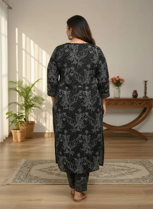 Plus Size Black Cotton Printed Kurta Pant Set with Dupatta-200098