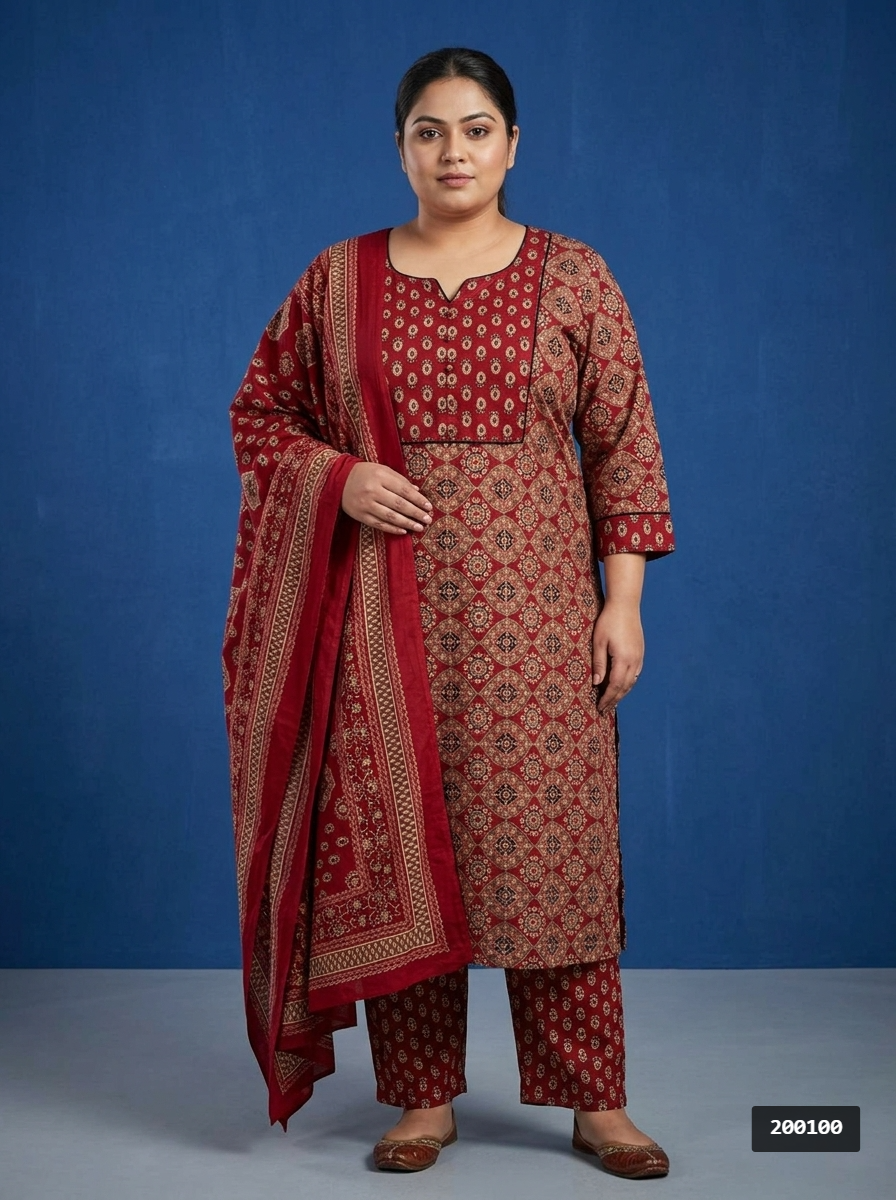 Maroon Cotton Printed Kurta Pant Set with Dupatta-200100