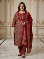 Maroon Cotton Printed Kurta Pant Set with Dupatta-200100