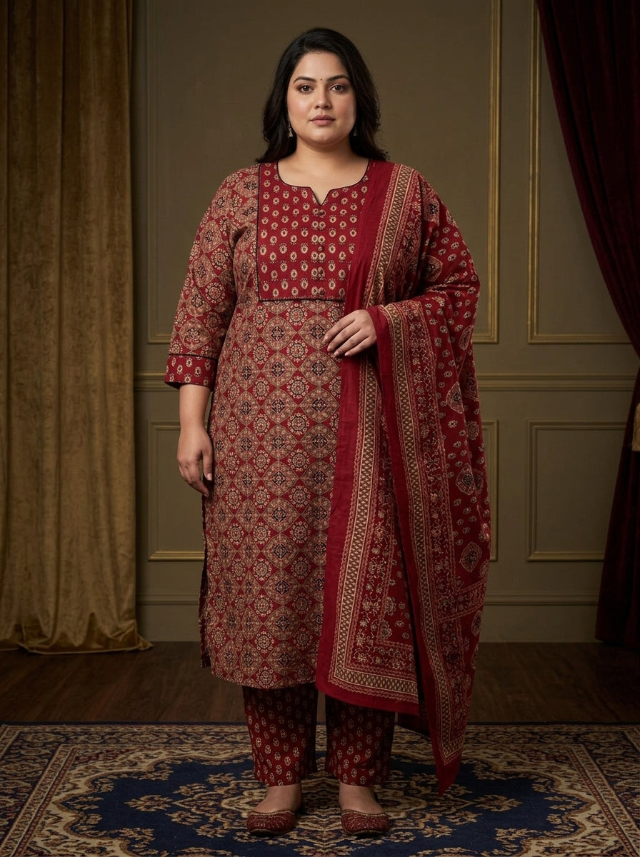 Maroon Cotton Printed Kurta Pant Set with Dupatta-200100