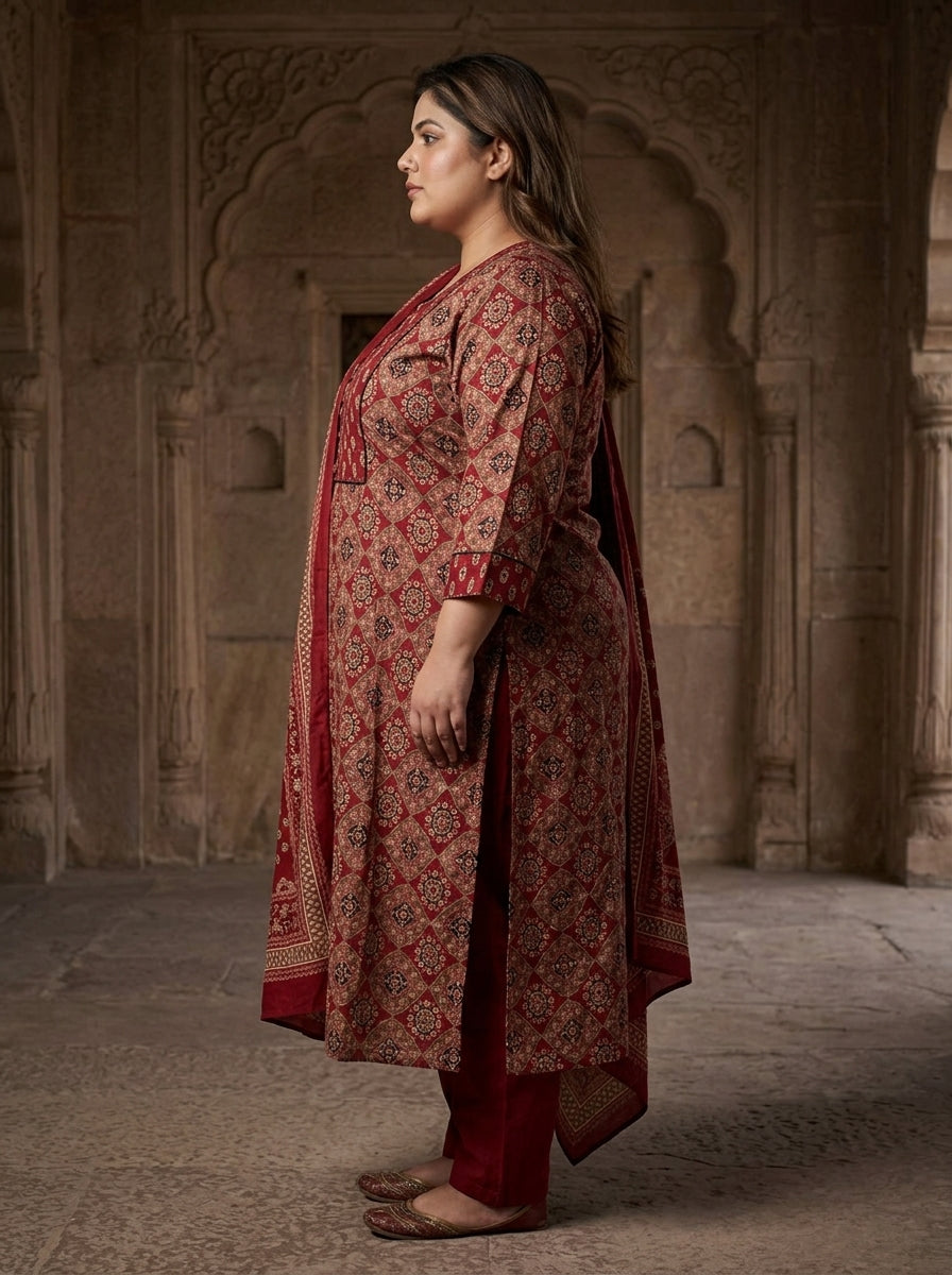 Maroon Cotton Printed Kurta Pant Set with Dupatta-200100
