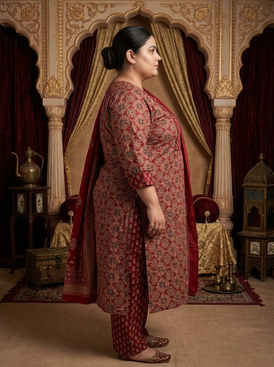 Maroon Cotton Printed Kurta Pant Set with Dupatta-200100