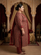 Maroon Cotton Printed Kurta Pant Set with Dupatta-200100