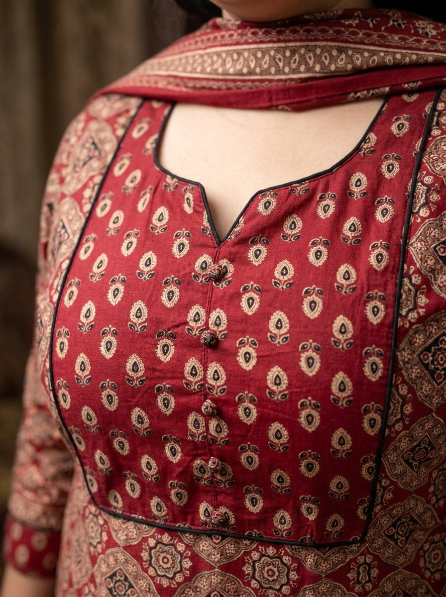 Maroon Cotton Printed Kurta Pant Set with Dupatta-200100